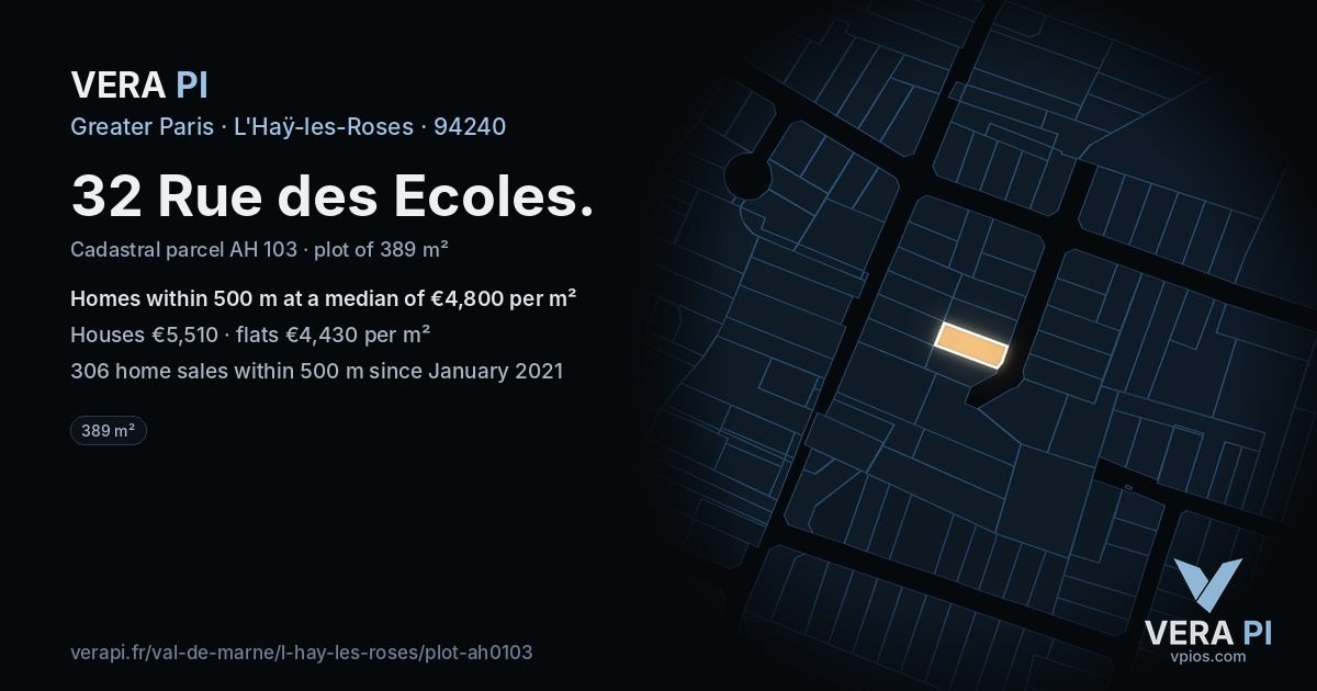 32 Rue des Ecoles, L'Haÿ-les-Roses at night – the plot lit, the parcels around coloured by the prices near them