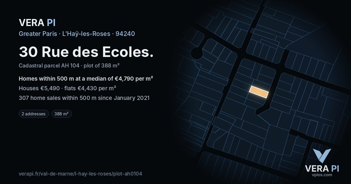 30 Rue des Ecoles, L'Haÿ-les-Roses at night – the plot lit, the parcels around coloured by the prices near them