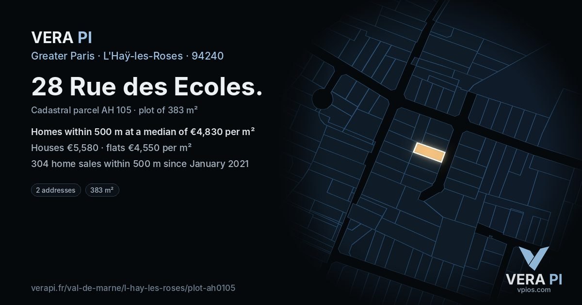 28 Rue des Ecoles, L'Haÿ-les-Roses at night – the plot lit, the parcels around coloured by the prices near them