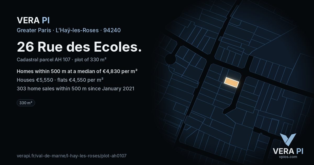 26 Rue des Ecoles, L'Haÿ-les-Roses at night – the plot lit, the parcels around coloured by the prices near them