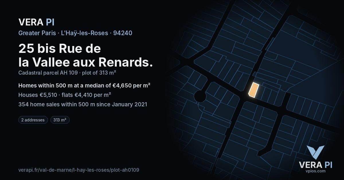 25 bis Rue de la Vallee aux Renards, L'Haÿ-les-Roses at night – the plot lit, the parcels around coloured by the prices near them