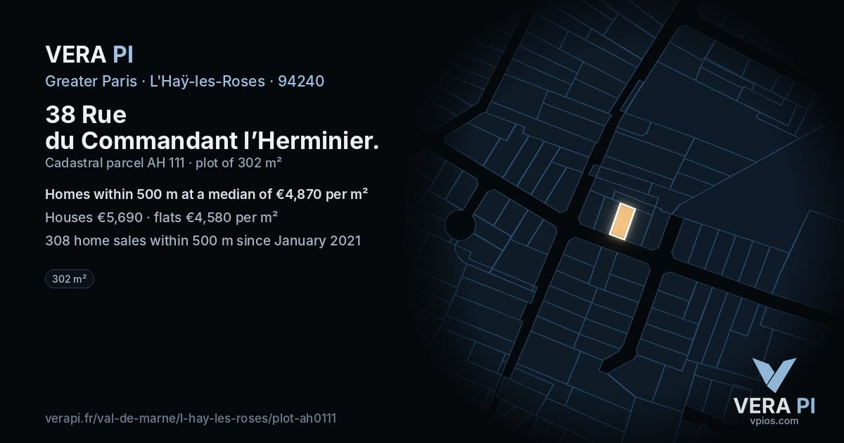 38 Rue du Commandant l’Herminier, L'Haÿ-les-Roses at night – the plot lit, the parcels around coloured by the prices near them