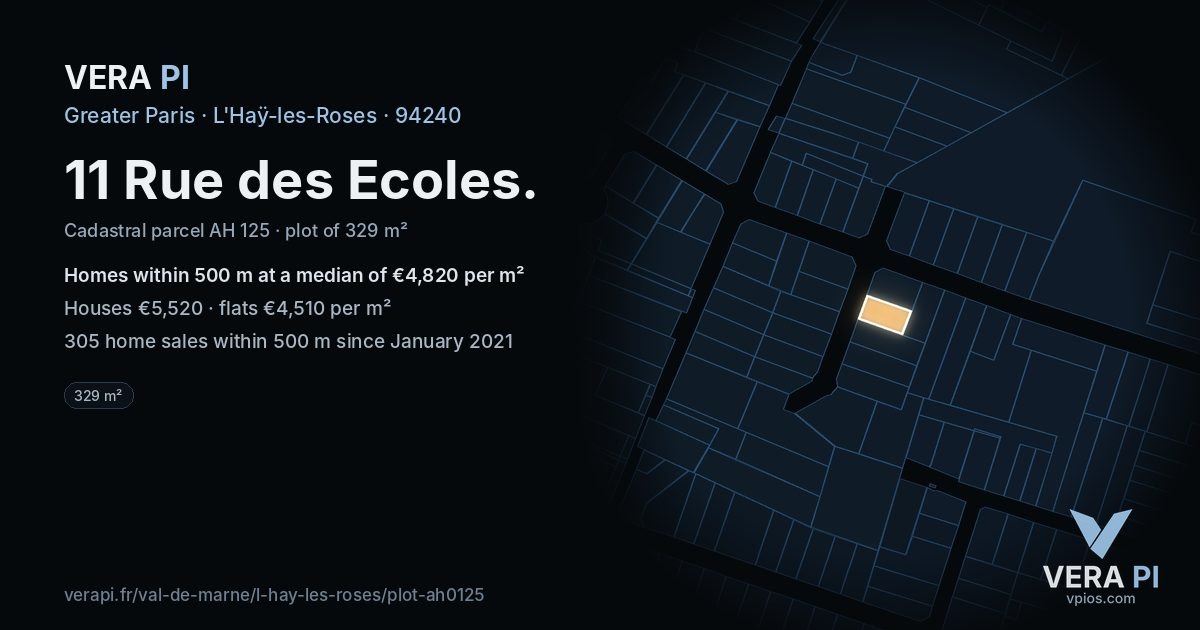 11 Rue des Ecoles, L'Haÿ-les-Roses at night – the plot lit, the parcels around coloured by the prices near them