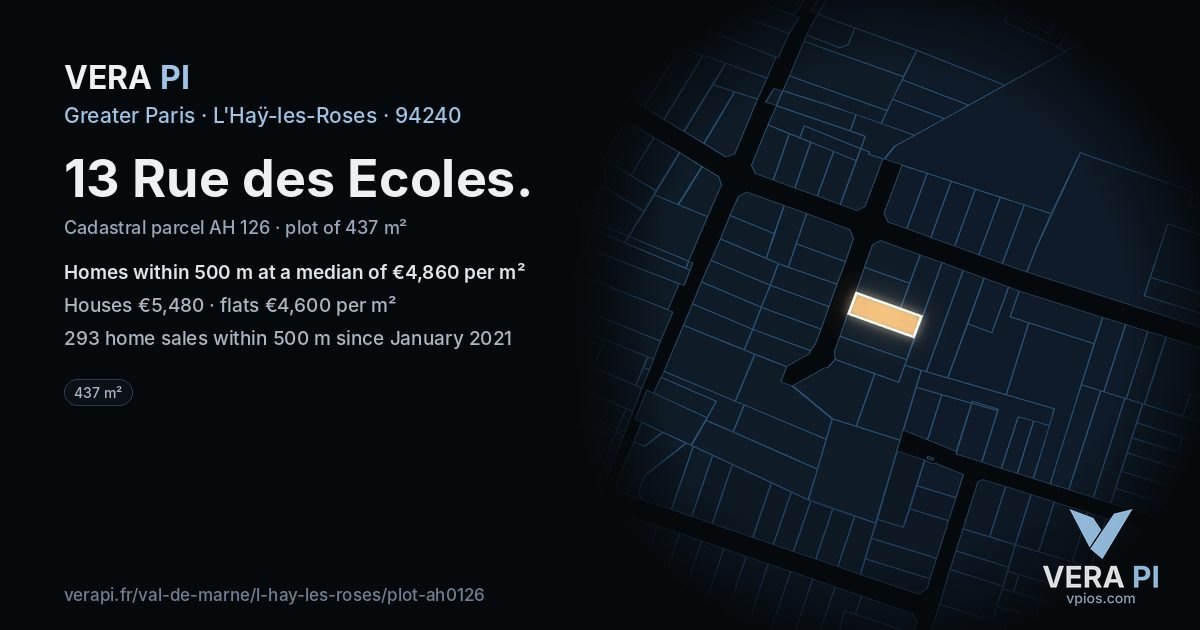 13 Rue des Ecoles, L'Haÿ-les-Roses at night – the plot lit, the parcels around coloured by the prices near them