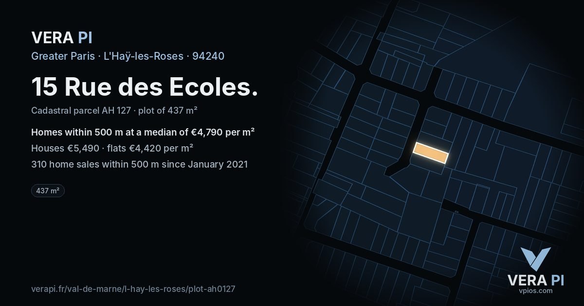 15 Rue des Ecoles, L'Haÿ-les-Roses at night – the plot lit, the parcels around coloured by the prices near them