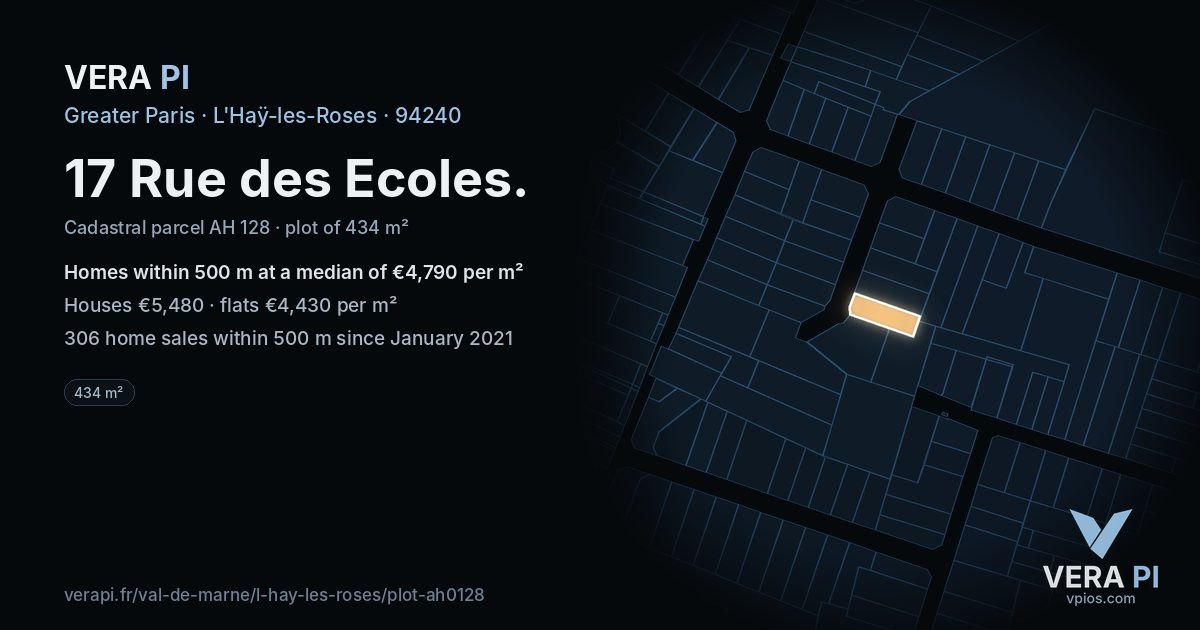 17 Rue des Ecoles, L'Haÿ-les-Roses at night – the plot lit, the parcels around coloured by the prices near them