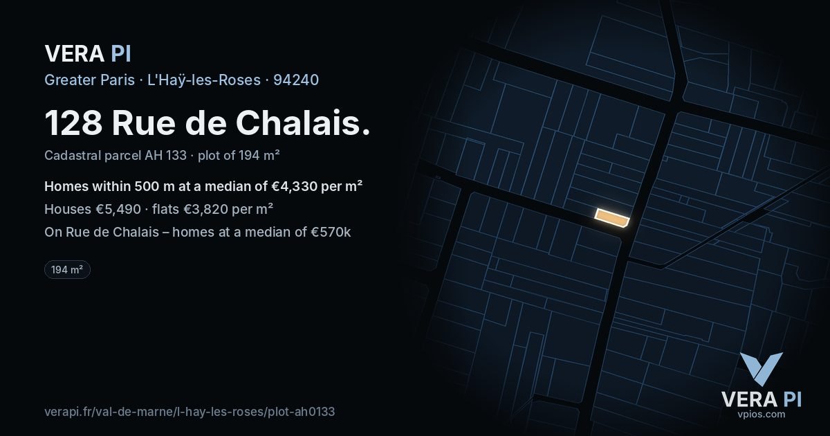 128 Rue de Chalais, L'Haÿ-les-Roses at night – the plot lit, the parcels around coloured by the prices near them