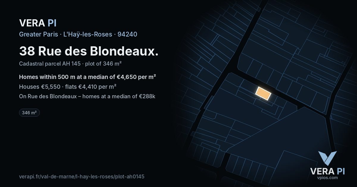 38 Rue des Blondeaux, L'Haÿ-les-Roses at night – the plot lit, the parcels around coloured by the prices near them