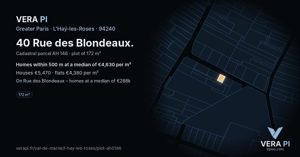 40 Rue des Blondeaux, L'Haÿ-les-Roses at night – the plot lit, the parcels around coloured by the prices near them