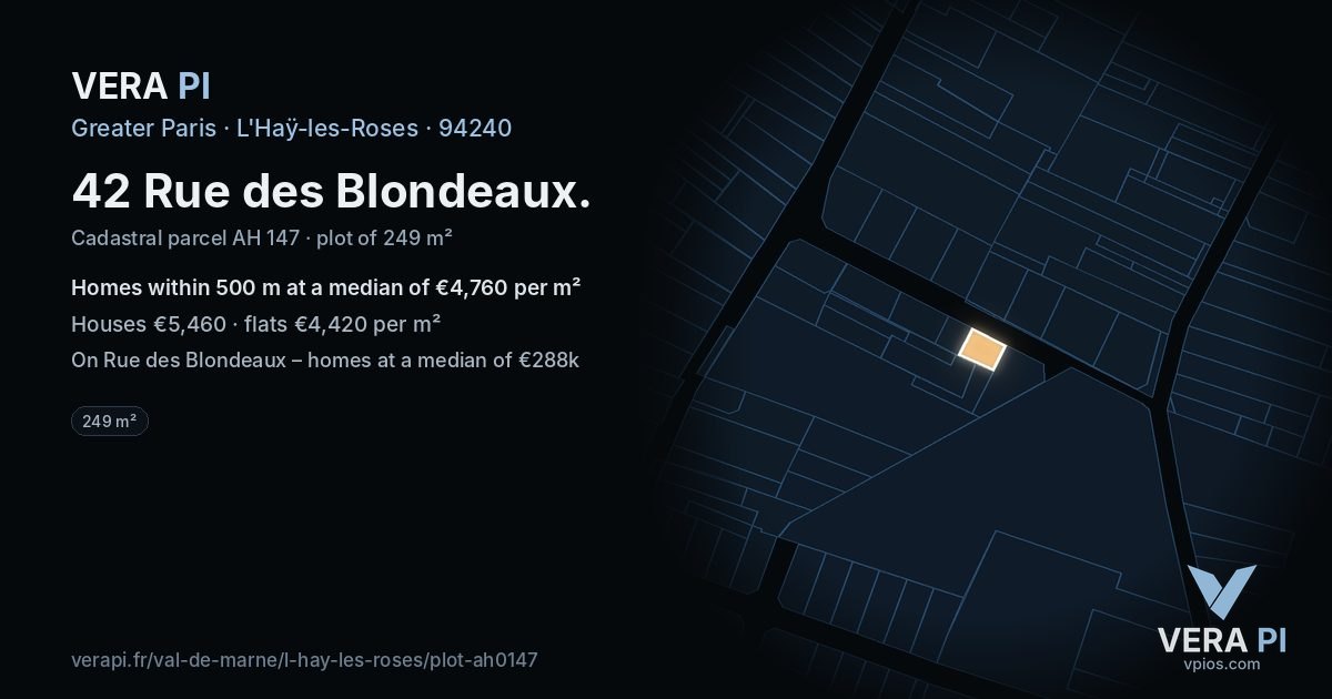 42 Rue des Blondeaux, L'Haÿ-les-Roses at night – the plot lit, the parcels around coloured by the prices near them