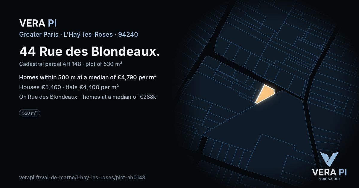 44 Rue des Blondeaux, L'Haÿ-les-Roses at night – the plot lit, the parcels around coloured by the prices near them
