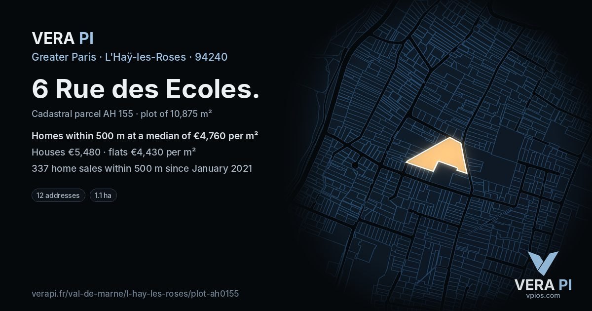 6 Rue des Ecoles, L'Haÿ-les-Roses at night – the plot lit, the parcels around coloured by the prices near them
