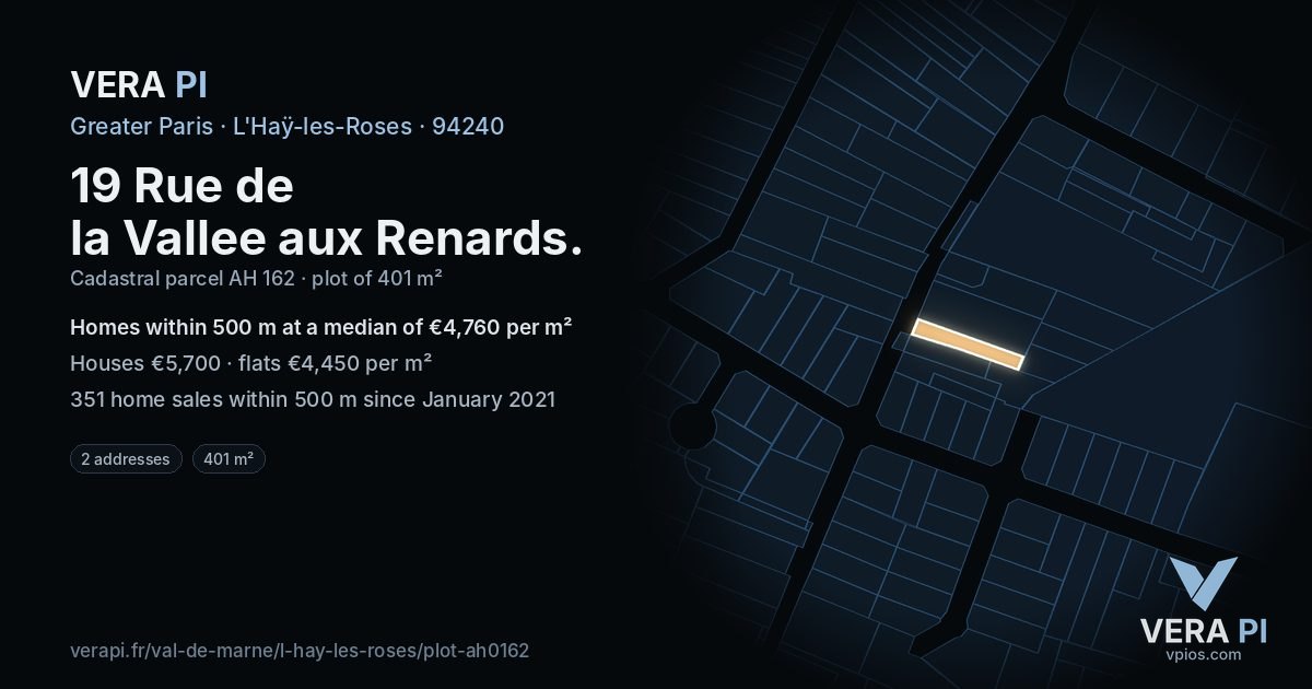 19 Rue de la Vallee aux Renards, L'Haÿ-les-Roses at night – the plot lit, the parcels around coloured by the prices near them