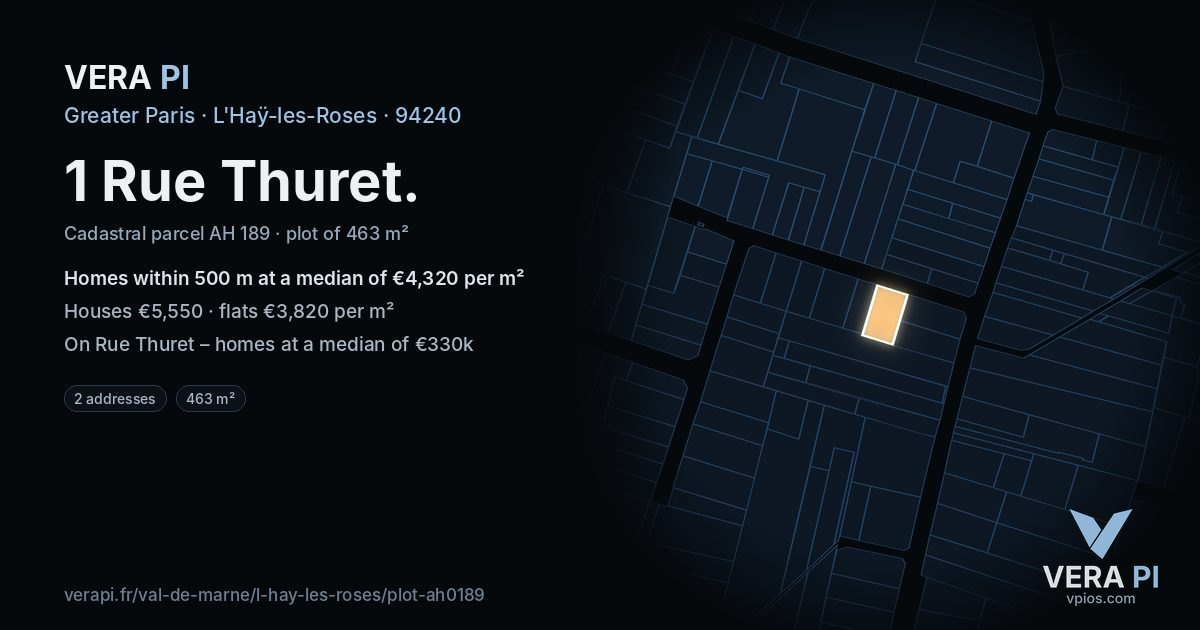 1 Rue Thuret, L'Haÿ-les-Roses at night – the plot lit, the parcels around coloured by the prices near them