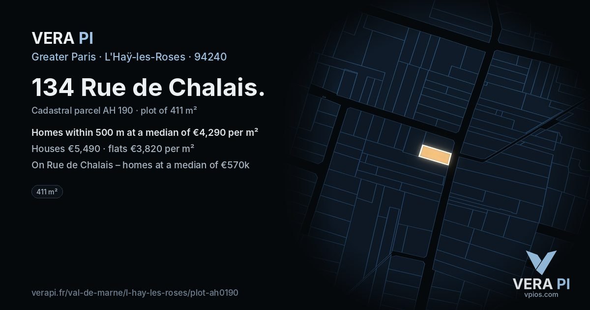 134 Rue de Chalais, L'Haÿ-les-Roses at night – the plot lit, the parcels around coloured by the prices near them