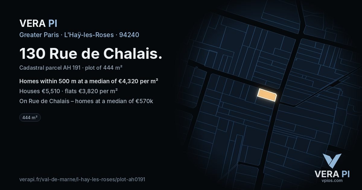 130 Rue de Chalais, L'Haÿ-les-Roses at night – the plot lit, the parcels around coloured by the prices near them