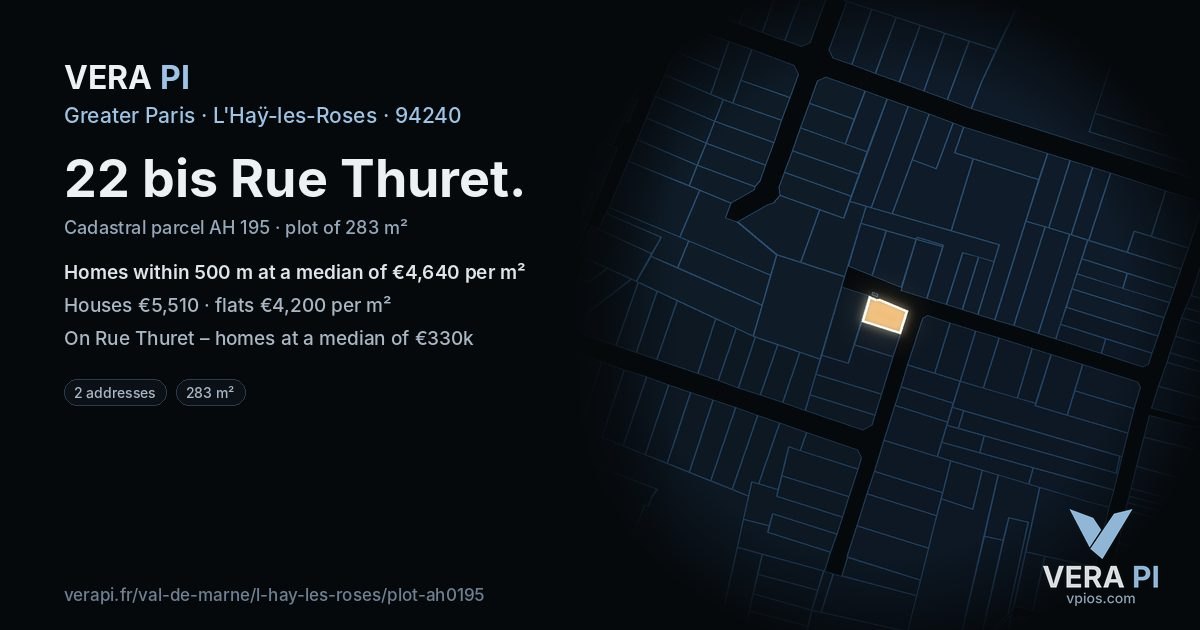 22 bis Rue Thuret, L'Haÿ-les-Roses at night – the plot lit, the parcels around coloured by the prices near them