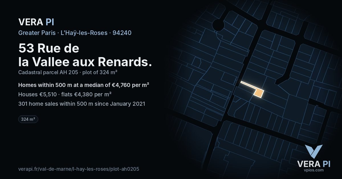 53 Rue de la Vallee aux Renards, L'Haÿ-les-Roses at night – the plot lit, the parcels around coloured by the prices near them
