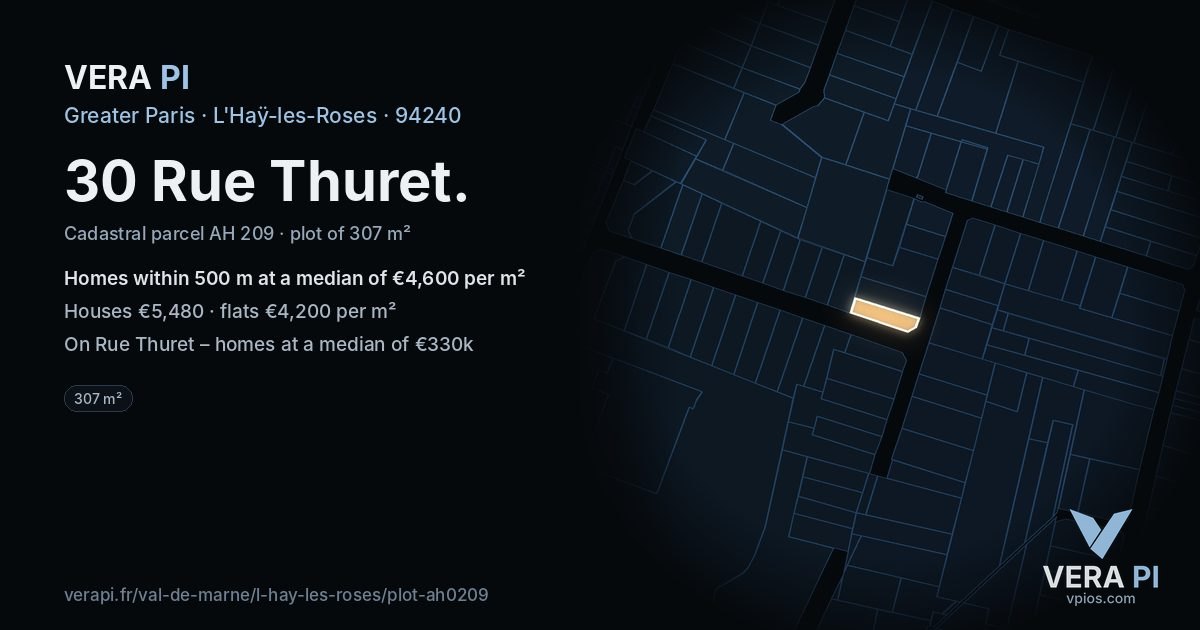 30 Rue Thuret, L'Haÿ-les-Roses at night – the plot lit, the parcels around coloured by the prices near them