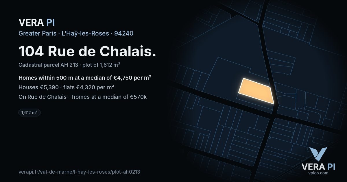 104 Rue de Chalais, L'Haÿ-les-Roses at night – the plot lit, the parcels around coloured by the prices near them