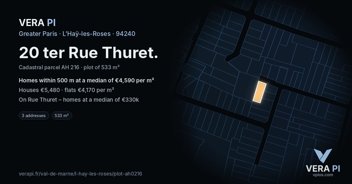 20 ter Rue Thuret, L'Haÿ-les-Roses at night – the plot lit, the parcels around coloured by the prices near them