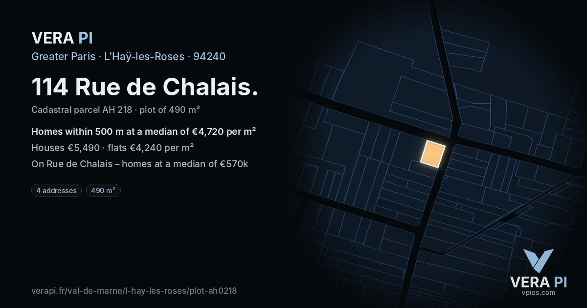 114 Rue de Chalais, L'Haÿ-les-Roses at night – the plot lit, the parcels around coloured by the prices near them