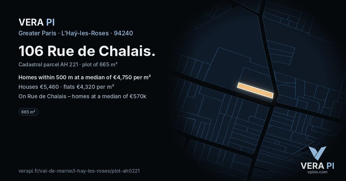 106 Rue de Chalais, L'Haÿ-les-Roses at night – the plot lit, the parcels around coloured by the prices near them