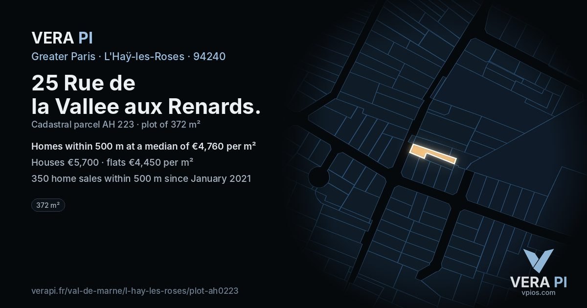 25 Rue de la Vallee aux Renards, L'Haÿ-les-Roses at night – the plot lit, the parcels around coloured by the prices near them