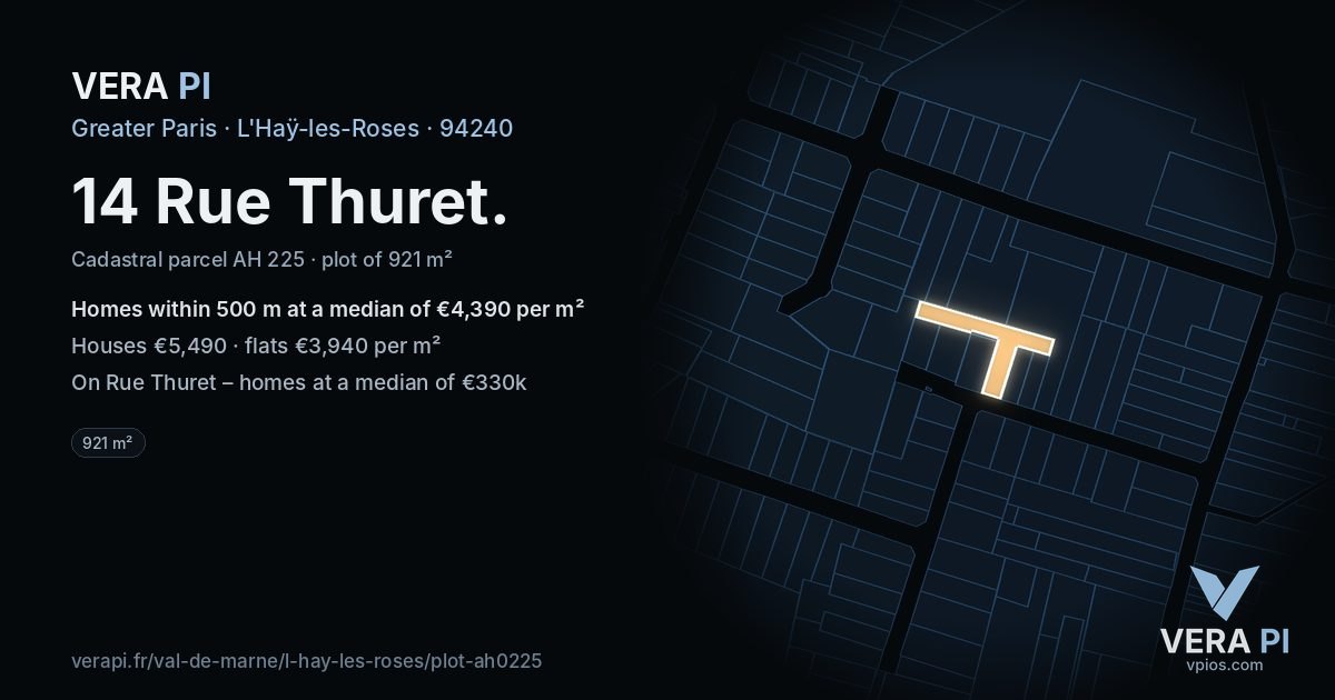 14 Rue Thuret, L'Haÿ-les-Roses at night – the plot lit, the parcels around coloured by the prices near them