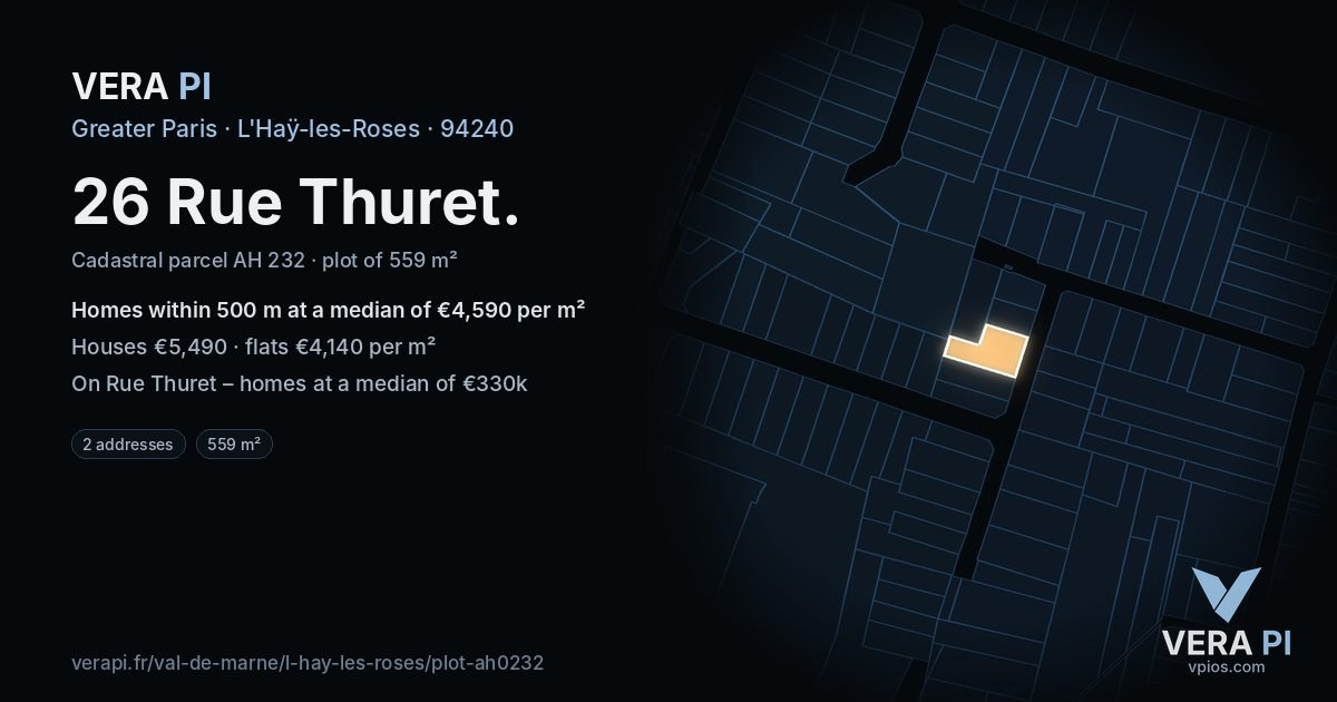 26 Rue Thuret, L'Haÿ-les-Roses at night – the plot lit, the parcels around coloured by the prices near them