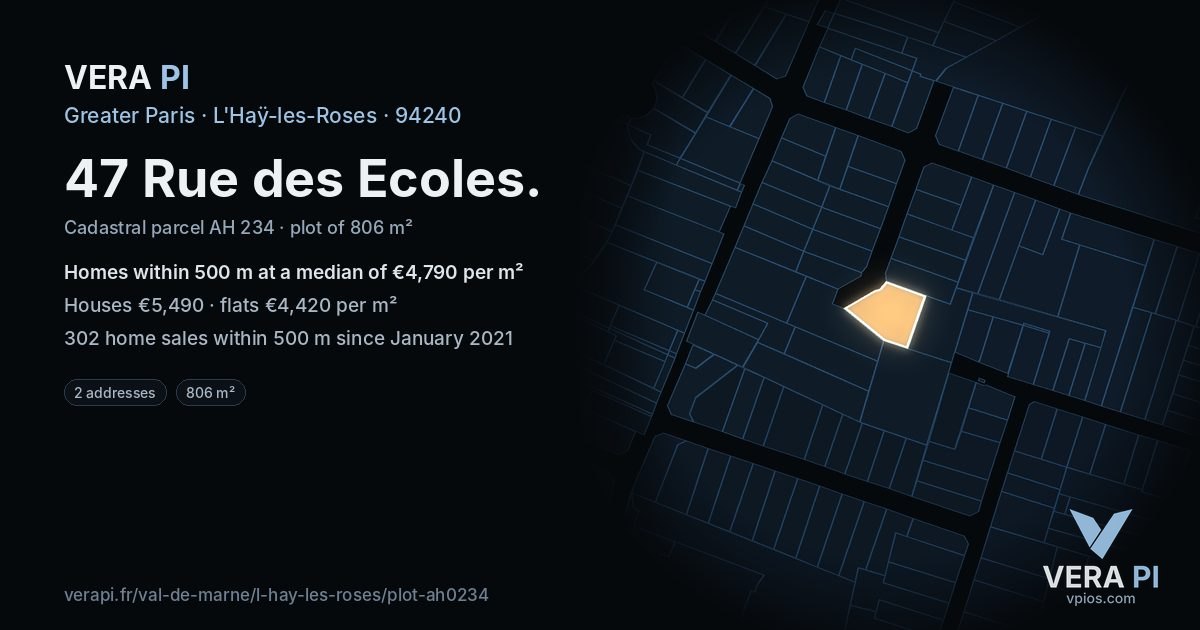 47 Rue des Ecoles, L'Haÿ-les-Roses at night – the plot lit, the parcels around coloured by the prices near them