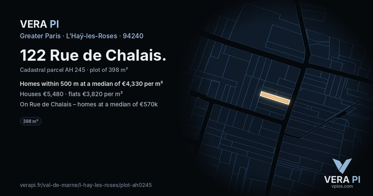 122 Rue de Chalais, L'Haÿ-les-Roses at night – the plot lit, the parcels around coloured by the prices near them