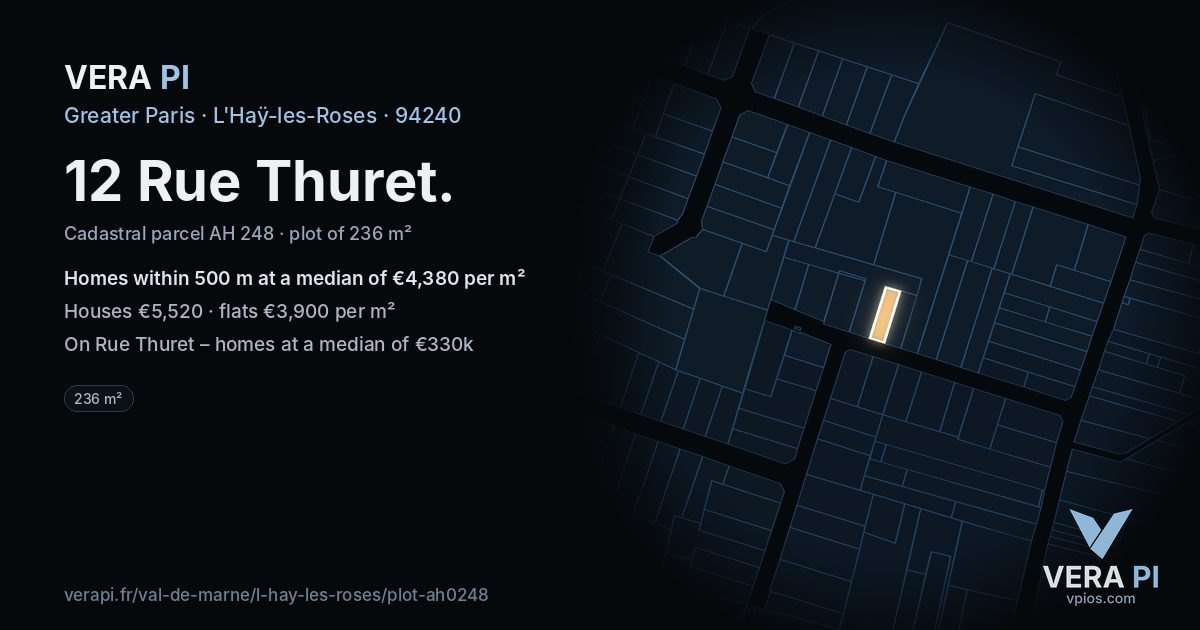 12 Rue Thuret, L'Haÿ-les-Roses at night – the plot lit, the parcels around coloured by the prices near them