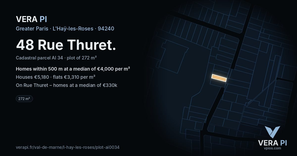 48 Rue Thuret, L'Haÿ-les-Roses at night – the plot lit, the parcels around coloured by the prices near them