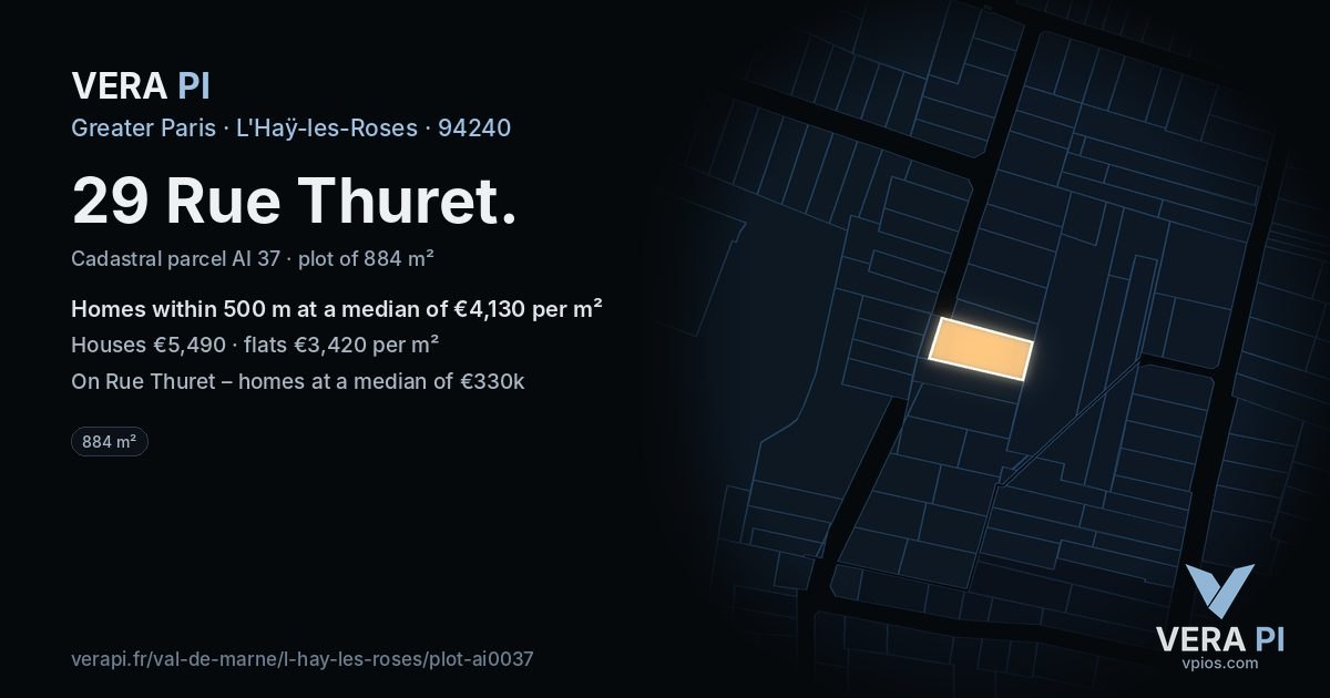 29 Rue Thuret, L'Haÿ-les-Roses at night – the plot lit, the parcels around coloured by the prices near them