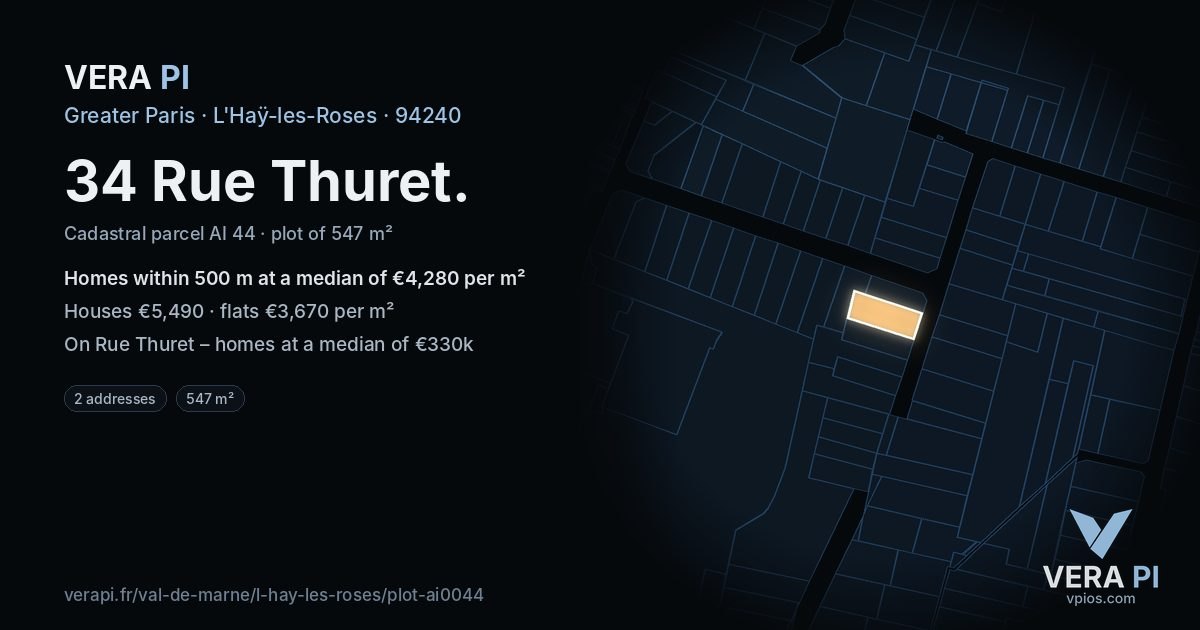 34 Rue Thuret, L'Haÿ-les-Roses at night – the plot lit, the parcels around coloured by the prices near them