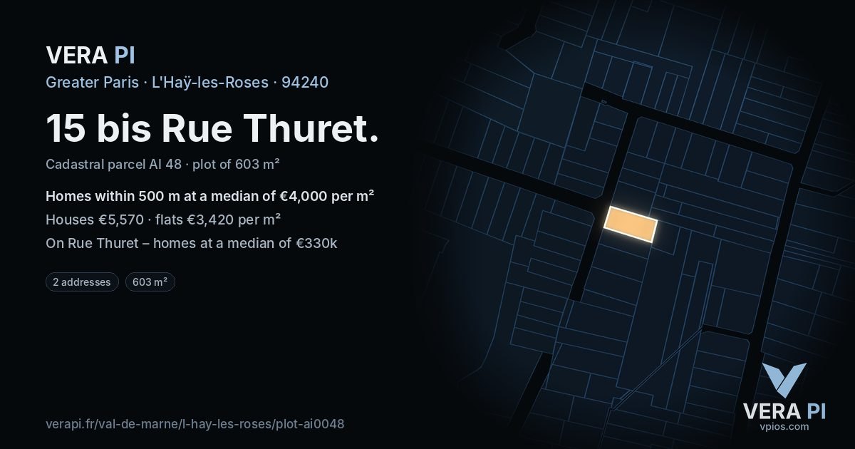 15 bis Rue Thuret, L'Haÿ-les-Roses at night – the plot lit, the parcels around coloured by the prices near them