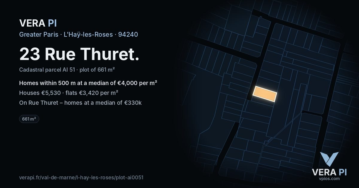 23 Rue Thuret, L'Haÿ-les-Roses at night – the plot lit, the parcels around coloured by the prices near them