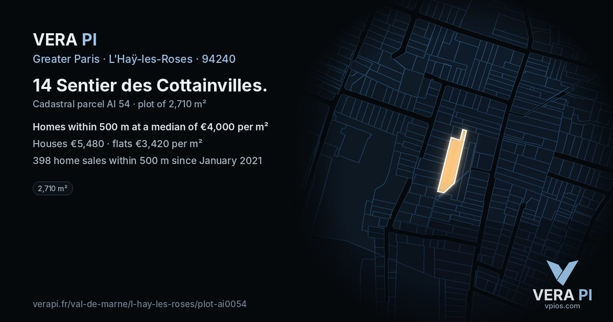 14 Sentier des Cottainvilles, L'Haÿ-les-Roses at night – the plot lit, the parcels around coloured by the prices near them