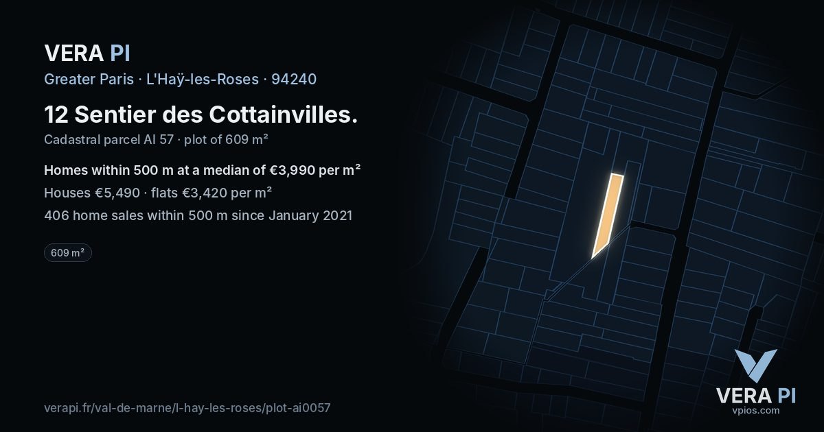 12 Sentier des Cottainvilles, L'Haÿ-les-Roses at night – the plot lit, the parcels around coloured by the prices near them