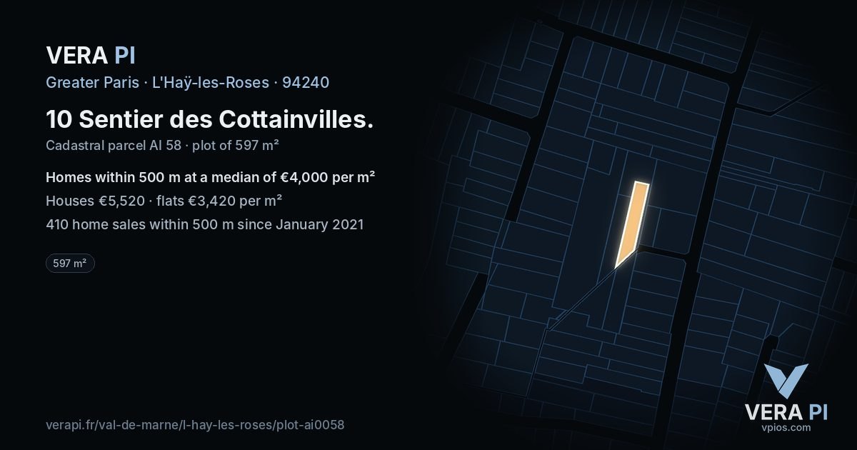 10 Sentier des Cottainvilles, L'Haÿ-les-Roses at night – the plot lit, the parcels around coloured by the prices near them