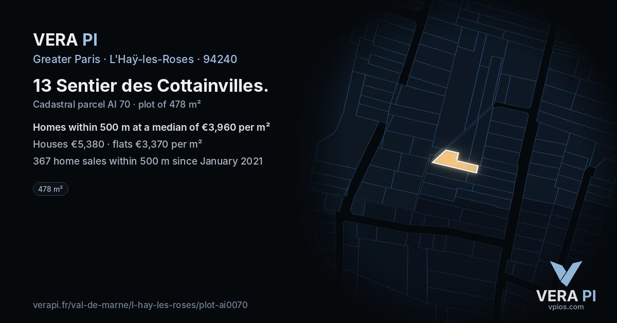 13 Sentier des Cottainvilles, L'Haÿ-les-Roses at night – the plot lit, the parcels around coloured by the prices near them