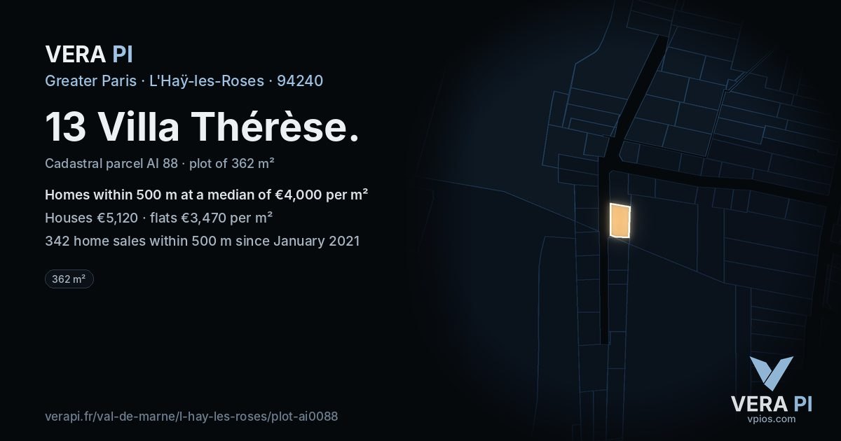 13 Villa Thérèse, L'Haÿ-les-Roses at night – the plot lit, the parcels around coloured by the prices near them