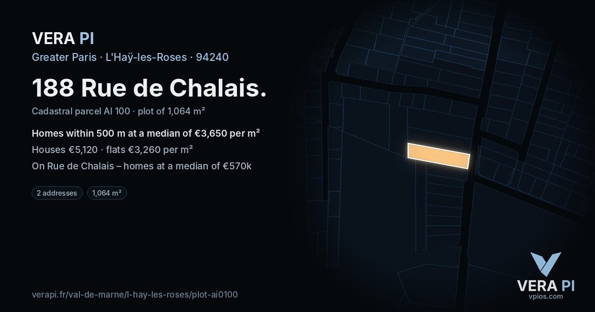 188 Rue de Chalais, L'Haÿ-les-Roses at night – the plot lit, the parcels around coloured by the prices near them