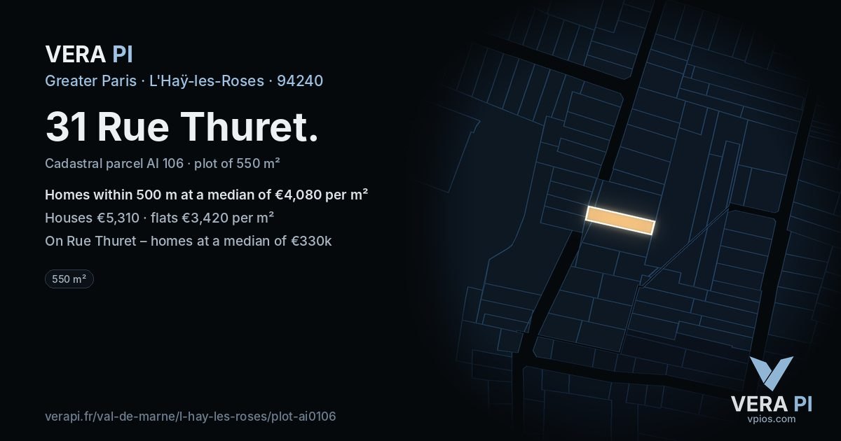 31 Rue Thuret, L'Haÿ-les-Roses at night – the plot lit, the parcels around coloured by the prices near them