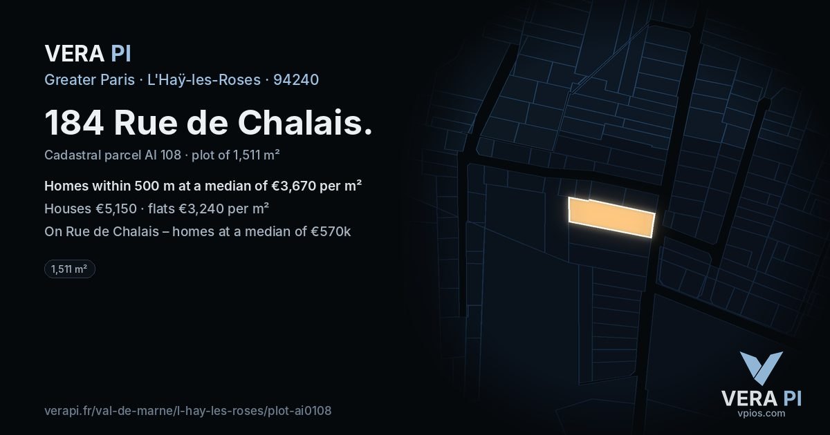184 Rue de Chalais, L'Haÿ-les-Roses at night – the plot lit, the parcels around coloured by the prices near them