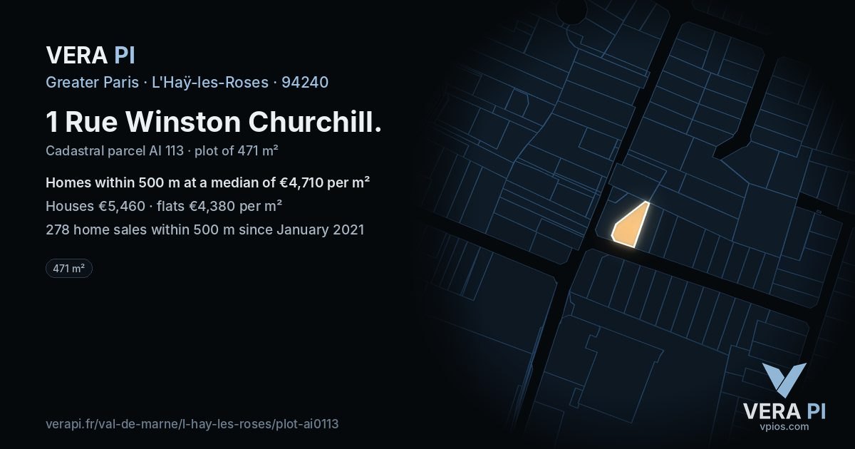 1 Rue Winston Churchill, L'Haÿ-les-Roses at night – the plot lit, the parcels around coloured by the prices near them