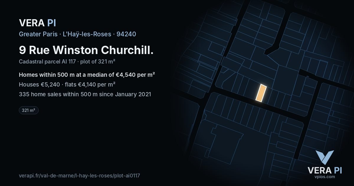9 Rue Winston Churchill, L'Haÿ-les-Roses at night – the plot lit, the parcels around coloured by the prices near them