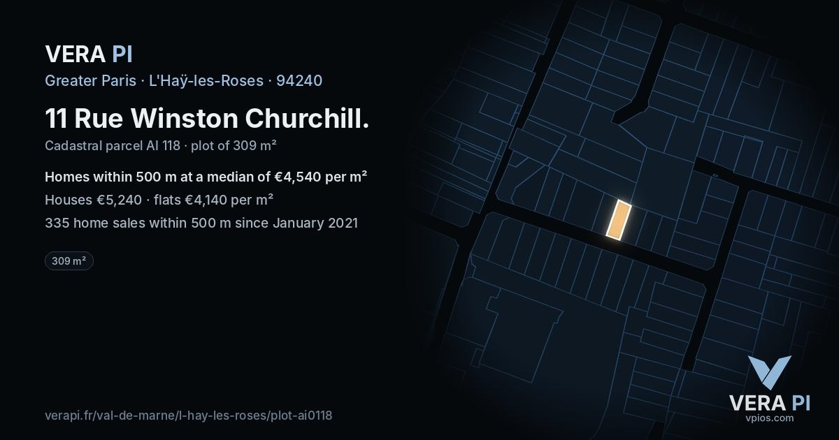 11 Rue Winston Churchill, L'Haÿ-les-Roses at night – the plot lit, the parcels around coloured by the prices near them