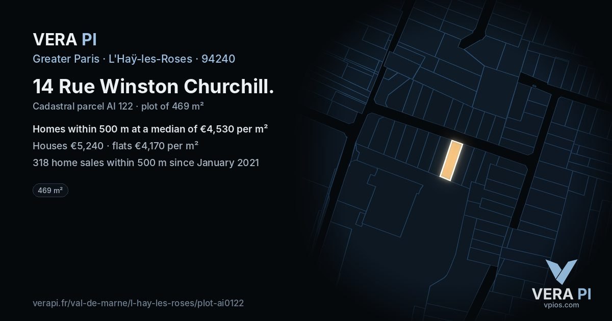14 Rue Winston Churchill, L'Haÿ-les-Roses at night – the plot lit, the parcels around coloured by the prices near them